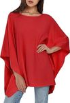 Womens Pullover Poncho Sweater Cashmere Feel Shawl Loose Fitting Ponchos Wraps Gifts for Women Red