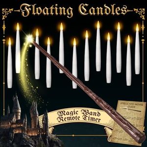 NURADA Floating Candles with Wand Remote Timer - Magic LED Hanging Flameless Taper Candles Flickering Battery Operated for Birthday Theme Party Home Window Decor - White 12 Pack