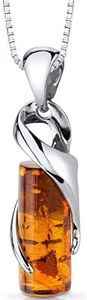 PEORA Genuine Baltic Amber Cylindrical Drop Pendant Necklace for Women 925 Sterling Silver, Rich Cognac Color, with 18 inch Chain, Real Baltic Amber Necklace for Adults