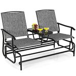 Tangkula 2 Person Glider Bench Chair, Patio Rocking Loveseat w/Center Tempered Glass Table, Outdoor Swing Bench w/Steel Frame & Breathable Mesh Fabric for Porch, Balcony, Poolside