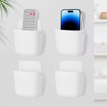 Minicoco 4 Pcs Remote Control Holder Wall Mounted TV Remote Holder Organiser Self-Adhesive Remote Control Storage Box for Living Room Armchair Bedroom, Phone Holder Organizer (White*4)