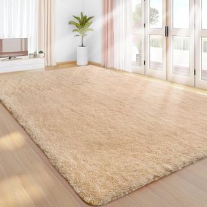 Sour Lemon Alfombra de pelo largo beige para salón, 140 x 200 cm, lavable, antideslizante, extragrande, mullida, moderna, para dormitorio, habitación infantil