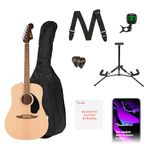 Fender California Debut Redondo Drednought Acoustic Guitar Pack in Natural. Includes a gig bag, a strap, picks, a guitar stand, clip-on tuner, Play and an extra set of strings.