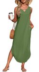 AUSELILY Summer Dresses for Women UK Casual Maxi Tank Dress Cover Up Ladies Split Long Dress with Pockets Army Green L