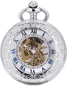 ManChDa Mens Pocket Watch Special Magnifier Mechanical Hand Wind Half Hunter Roman Numerals Antique Fob Watch with Chain + Gift Box(Bronze/Black/Silver), 3. Silver