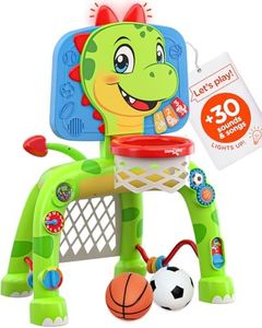 Move2Play, Giraffe Basketball Hoop & Soccer Goal Activity Center | 30+ Sounds & Songs + 5 Lights | 1 2 3 Year Old Birthday Gift for Boys and Girls | Toy for Baby & Toddlers (Dinosaur)