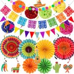 Fiesta Party Decorations - Colorful Mexican Themed Hanging Paper Fans, Rainbow Paper Pom Poms, Fiesta Bunting and Tissue Paper Streamers for Birthday, Festival, and Rainbow Parties