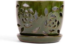 rePotme 5 inch Floral Cutout Ceramic Orchid Pot (Emerald Green) - Includes 5 inch Slotted Pot Liner