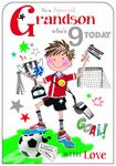 Jonny Javelin Special Grandson 9th Birthday Card - Age 9 - Boy with Football Trophy Embossed with Foil and Flitter Details