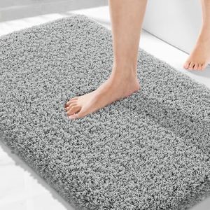 Yimobra Luxury Fluffy Bathroom Rugs, Super Elastic Soft Thick Plush Bath Mat, Non-Slip Water Absorbent, Easier to Dry, Durable Shaggy Microfiber Floor Carpet for Bathtub Shower, 36"x 24", Pure Grey