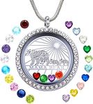 Veeshy Mama Bear Necklace with Two 2 Cubs Necklace for Women, Floating Locket Pendant with 24 Birthstones & Charms for Mummy Mother Family Mom Grandma