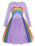 SFreeBo Girls Long Sleeve Dresses 6-7 Years Little Kids Winter Purple Rainbow Party Dress Litter Kids Cotton Casual Mesh Dress