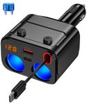 180W Retractable Car Charger Cigarette Lighter Splitter, 5 in 1 USB C Fast Car Charger with Retractable Cable, 2 USB Ports, 2-Plug 120W Max Cigarette Lighter with Separate Switch LED Voltmeter