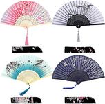 iZoeL Pocket Fans Folding Handheld Bamboo Fans with Tassel with 4 Delicate Bags Wedding Favours Party Guest Gift Wall Decoration Women Fan Blue & grey & Black & Pink