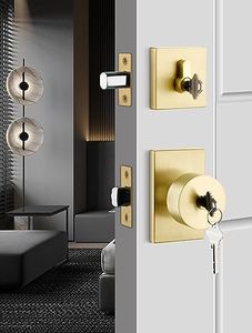 goldenwarm Gold Exterior Door Knob with Deadbolt, Square Contemporary Brushed Gold Exterior Door Lock Set with Deadbolt, Heavy Duty Brass Front Entry Door Locksets with Deadbolt(1 Pack)