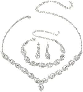 QKEPCY Set di Gioielli da Sposa con Strass Collana con Ciondolo in Cristallo Orecchini con Bracciale da Donna Matrimonio Abito da Sposa Gioielli per Nozze Sposa Damigella D'onore