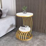 Device Bas with BROWN ART SHOPPEE Farmhouse Accent Coffee Table Simple Modern Bedside Cabinet Small Round Table MDF Top Metal Table Living Room Sofa-Golden/White