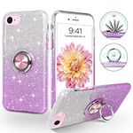 iPhone 7/8/SE Case, SouliGo Phone Case iPhone 7/8/SE, Slim Thin Shinny Sparkly Soft TPU Shockproof Protective Rotatable Ring Kickstand Hybrid Protection Car Mount Support Girls Women, Purple Glitter