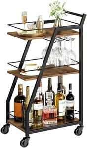 YATINEY Bar Cart, 3-Tier Bar Cart for The Home, Small Bar Cart on Wheels, Home Bar Serving Cart with Glass Holders, Beverage Cart for Bar, Kitchen, Dining, Party Room, Rustic Brown and Black BC03BR