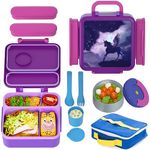 HAIXIN Bento Box for Kids - Insulated Lunch Box with Thermos for School, Leak-Proof Kids Lunch Box with Cutlery and Snack Box, 4 Adjustable Compartments Lunch Container for Daycare Outdoors (Purple)