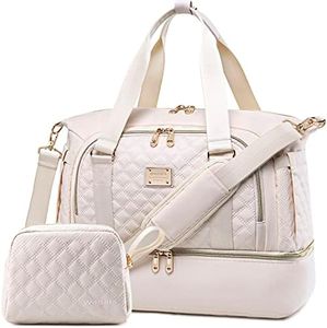 Weitars Gym Bag for Women,Travel Duffel Weekender Bag,Sport with Shoes Compartment and Wet Pocket,Large Carry On Overnight Hospital Women Travel,Gym,Shopping, Beige, Embroidery Pattern (22052)