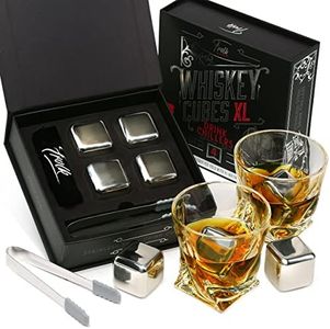 4 XL Stainless Steel Whisky Ice Cubes, Special Tongs & Freezer Pouch in Luxury Gift Box for Whiskey Lovers!