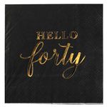 Andaz Press Black with Gold Scripted Hello Forty Saying Cocktail Napkins, Bulk 100-Pack Count 3-Ply Disposable Fun Beverage Napkins for 40th Birthday, 40th Anniversary Party Supplies, Decorations