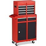 Happytools 5-Drawer Rolling Tool Chest, 2 in 1 Detachable Lockable Storage Cabinet w/ 4 Universal Wheels & Hooks, Metal Tool Box Organizer for Workshop Garage Repair Shop Household, Black & Red