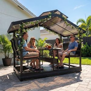 OUDE 4 Seats Hardtop Patio Porch Swing, Heavy Duty 1500 lbs Capacity Aluminum Frame Glider Bench with Tabletop and Storage Shelf for Backyard, Brown