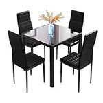 Jooli Glass Table and Chairs Set 4, 75cm Square Table with 4 Faux Leather High Back Chairs Modern Dining Room Sets for Home Kitchen Office, Black