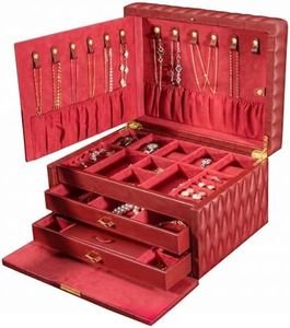 Homruilink Genuine Leather Jewelry Box – 3 Layer Large Jewelry Organizer with Mirror, Lockable Jewelry Box for Women – Necklace, Ring, Earring Organizer with Drawer - Fathers Day Gift (Red)