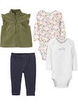 Simple Joys by Carter's Baby Girls' 4-Piece Playwear Set Fashion Vest, Grey/Indigo/Olive/White Floral, 0 Months (Pack of 4)