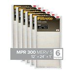 Filtrete 12x24x1 Air Filter, MPR 300, MERV 5, Clean Living Basic Dust 3-Month Pleated 1-Inch Air Filters, 6 Filters