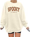 BANGELY Oversized Halloween Sweatshirt Women Vintage Spooky Season Pullover Top Spooky Vibes Letter Print Long Sleeve Shirt Beige