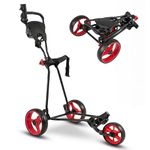 SPOTRAVEL 3 Wheel Golf Push Cart, Quick Folding Golf Bag Trolley with Scoreboard, Accessories Storage, Umbrella & Cup Holder, Lightweight Golf Pull Cart with Foot Brake (Red)