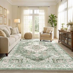 Smiry Area Rugs for Living Room Bedroom, Machine Washable 9x12 Vintage Rug, Soft Plush Bedside Floor Carpet for Farmhouse Nursery Kitchen Laundry Home Decor, Green