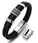 HALUKAKAH Plus ● Solo ● Men's Genuine Leather Titanium Bracelet Black & Silver Magentic Clasp Size Adjustable 8.46"-9"(21.5-23cm) with Free GIftbox