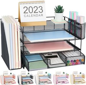 OPNICE Desk Organizers and Accessories, Desk Accessories & Workspace Organizers for Office Supplies, File Organizer Desk Drawer Organizer with 2 Pen Holders, 4 Tier Paper Organizer for Desk(Black)
