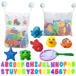 Bath Toy Holder Organizer Set - 2 Quick Dry Storage Net with Soft Foam Bathtub Letters & Number and Fish Net & Additional Suction Cups for Toddlers Kids Games Learning