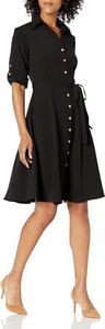 Sharagano Women's Button Front Pleated Shirt Casual Dress, Very Black, 10 Petite