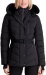 Michael Michael Kors Women's Faux Fur Hooded Puffer Scuba Belted Coat Jacket Black, Black, X-Large