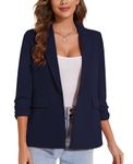 LADI TREND Womens Navy Blue Blazers Suit One Button Jacket 3/4 Ruched Sleeve Notch Lapel Half Lined Outerwear (Navy L)