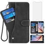 Asuwish Compatible with Samsung Galaxy S6 Wallet Case and Tempered Glass Screen Protector Flip Credit Card Holder Stand Cell Phone Cover for Glaxay S 6 Gaxaly 6s Galaxies GS6 SM-G920A Women Men Black