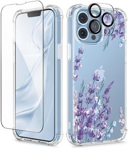 GVIEWIN Designed for iPhone 13 Pro Case 6.1 Inch, with Tempered Glass Screen Protector + Camera Lens Protector Clear Flower Soft & Flexible Shockproof Floral Women Phone Cover (Light Lavender)