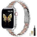 MioHHR Slim Metal Band Compatible with Apple Watch Band 41mm 40mm 38,mm,Dressy Stainless Steel Chain Strap for Women iWatch Bands Series 8 7 6 5 4 3 2 1 SE,Silver/Rose Gold