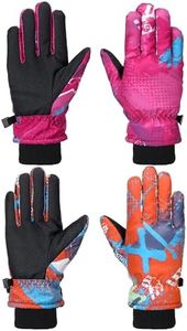 Honoson 2 Pairs Kids Snow Gloves Winter Waterproof Ski Gloves for Boys Girls Outdoor Toddler Snowboard Warm Youth Gloves(10-15 Years,Bright Pattern)