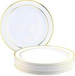 MATANA 25 Premium White Plastic Dinner Plates with Gold Rim, 26cm / 10 Inch - Elegant & Reusable Party Plates for Weddings, Birthdays, Picnic, BBQ, Parties