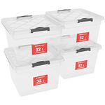 ATHLON TOOLS 4 x 32 L storage boxes with lid, food-safe – sealing clips – 100% new material plastic box transparent – clothes boxes stackable