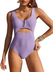 AI'MAGE Womens One Piece Swimsuits Tummy Control Bathing Suit 2024 Cutout High Waisted V Neck Monokini Swimwear Lilac Purple S