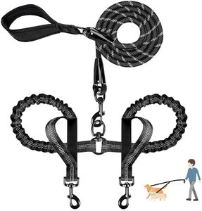 Double Dog Leash No Tangle Two Dogs Heavy Duty Bungee Dog Leash Shock Absorbing Reflective Leashes with Two Extra Traffic Handles for Walking 2 Dog
